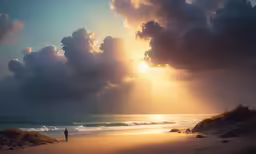 some white clouds are in the sky and the person is standing on the beach