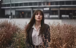 woman in business suit standing in weeds outside
