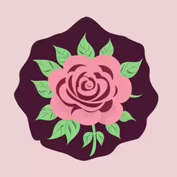 an illustration of a rose on a pink background,a pink rose with green leaves on purple circle,a pink flower is on a dark purple background,a stylized rose with green leaves on pink background,an illustration of a single rose with green leaves