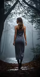 a woman walking through the woods wearing a dress
