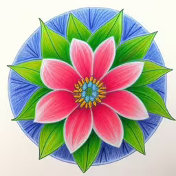 colored drawing of a flower with green leaves and blue background,an artistic design with colored pencils of a pink flower,the drawing depicts a beautiful flower with a center petals,a drawing of a flower in the middle of a blue circle,an image of a colorful colored flower in a round frame