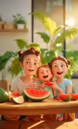 three young girls are standing around a table full of watermelon slices