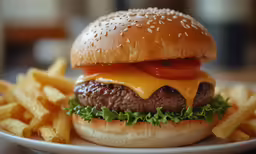 a hamburger on top of a white plate with fries