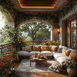 an empty balcony with couches, windows, and plants