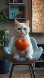 a cat is sitting on a chair with an orange heart