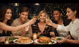 a group of people enjoying a meal and drinking wine