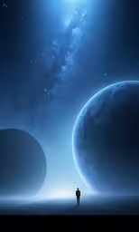two people standing next to each other in front of two giant planets