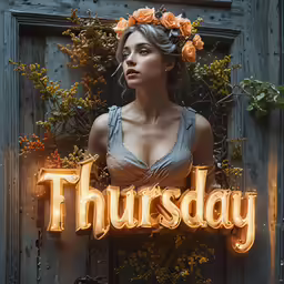 a young lady standing outside of a building under a glowing logo