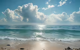 the sun shines brightly on the water and sand