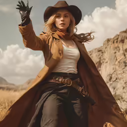 a woman wearing a brown trench coat and hat