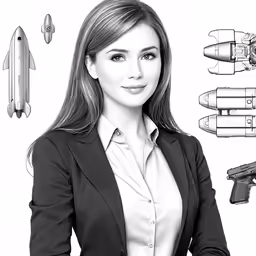 a woman holding a gun with model jet planes in the background