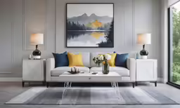 a living room with a painting on the wall above it