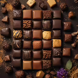 several square chocolates are lined up in rows on a surface