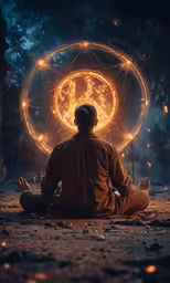 the person sitting in front of a circle with a glowing star in it