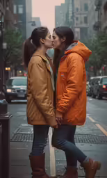 two women kissing while standing on a city street