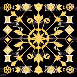 an abstract golden design with leaves and swirls on black background,a black and yellow pattern on a black background,an ornate golden pattern with black and white ornaments,a circular design, consisting of stylized leaves and flowers,a beautiful golden pattern on a black background royalty