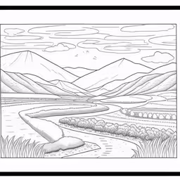 a black and white drawing of a landscape with mountains in the background,a drawing of a mountain landscape with trees and hills in the background