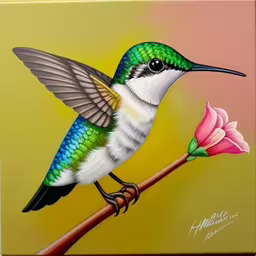 a painting of a hummingbird sitting on a branch,colorful hummingbird perched on branch next to flower,a painting of a colorful bird with wings open on a branch,this is a painting of a hummingbird sitting on a branch,a painting of a bird with colorful feathers is shown