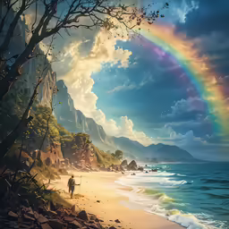an artist painting of a rainbow over the ocean and a man walking on a beach