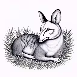 a drawing of a large animal sitting in the grass,a drawing of a kangaroo lying on the ground
