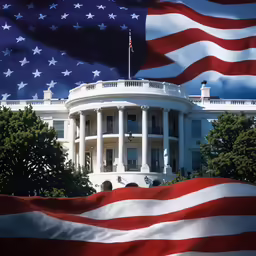 a view of a flag, with trees, bushes and an american flag in front