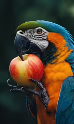 the parrot is eating a bite of fruit