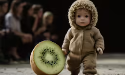 a small kid wearing a furry hat and a kiwi