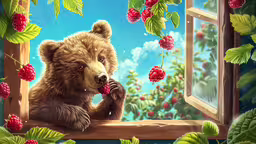 a bear sitting on a window sill looking out at the raspberries,a brown bear with raspberries sitting in front of a window