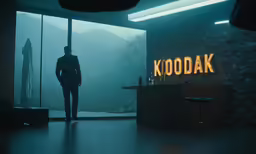 the silhouette of a man standing in front of a logo