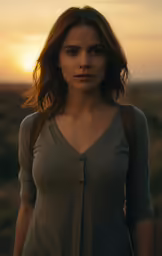 a woman wearing a grey shirt and standing outside