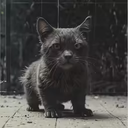 a cat standing on the sidewalk staring at the camera