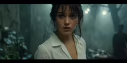 a person in a white shirt standing in a dark forest
