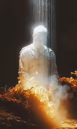 a man kneeling in the fog with water falling down