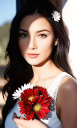 a beautiful woman in white dress holding up a red flower