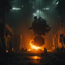 the large metal pot is engulfed in flames