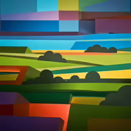 an abstract landscape painted with overlapping shapes