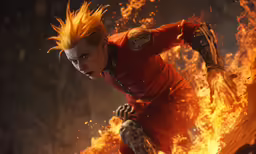 a person in action with fire surrounding them