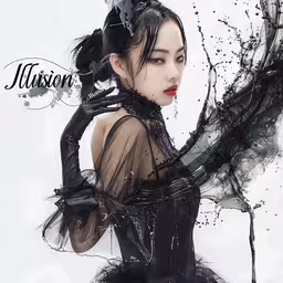 a digital painting of a girl with black hair and black gloves,a female with black hair wearing black dress and black gloves
