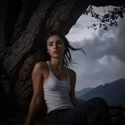 woman sitting on rocks near tree with mountain in background