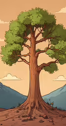 a stylized image of a large tree and hills in the background,the cartoon picture has trees on both sides