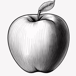 an apple with a leaf is shown in black and white,an apple with a leaf on it