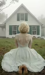 the back of a woman in a white dress, sitting in front of a house