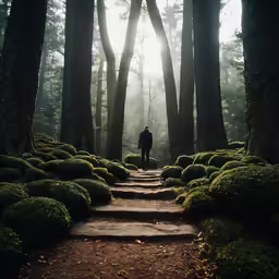 a person standing at the end of a trail in the forest