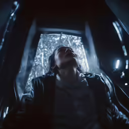 a person wearing a black jacket stares up into the sky