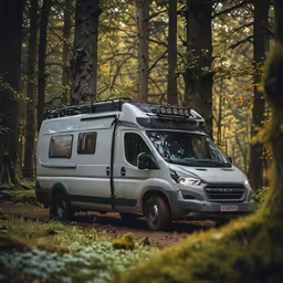 the camper is parked in the woods alone