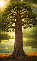 a tree in an open area with grass, and a person,a large tree with a face in the trunk