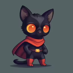 a black cat with yellow eyes and a cape