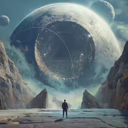 a man standing in front of an alien planet,a person standing on top of a beach under the moon