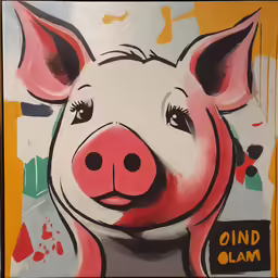 a pink pig has a happy face painted on it