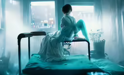 the woman is sitting on the hospital bed